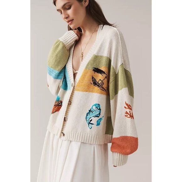 Anthropologie Pilcro Icon Graphic Cardigan Sweater Womens S Coastal Fisherman - Picture 1 of 8